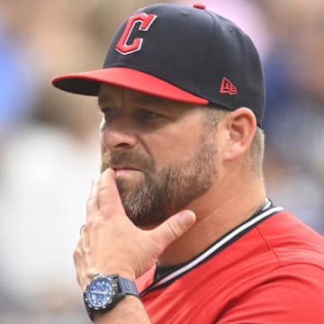 Jul 30, 2025; Cleveland, Ohio, USA; Cleveland Guardians manager Stephen Vogt (12) in the second inning against the Colorado Rockies at Progressive Field. Mandatory Credit: David Richard-Imagn Images
