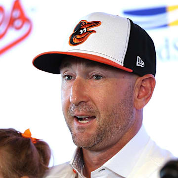 Nov 4, 2025; Baltimore, MD, USA; Craig Albernaz is introduced as the new Baltimore Orioles manager at Warehouse Bar. Mandatory Credit: Daniel Kucin Jr.-Imagn Images