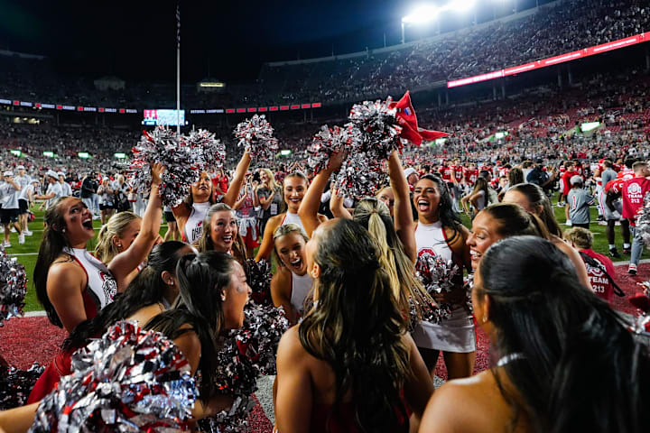 Ohio State Buckeyes cheerleaders and dance team celebrate after the game at the Ohio Stadium