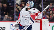 Jan 16, 2025; Ottawa, Ontario, CAN; Washington Capitals goalie Logan Thompson (48) looks on in the first period against the Ottawa Senators at the Canadian Tire Centre. Mandatory Credit: Marc DesRosiers-Imagn Images