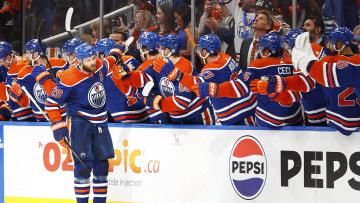 The Edmonton Oilers celebrate a goal scored by forward Leon Draisaitl (29)