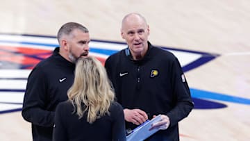 Jun 22, 2025; Oklahoma City, Oklahoma, USA; Indiana Pacers head coach Rick Carlisle looks on during the second half of game seven of the 2025 NBA Finals against the Oklahoma City Thunder at Paycom Center. Mandatory Credit: Alonzo Adams-Imagn Images