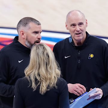 Jun 22, 2025; Oklahoma City, Oklahoma, USA; Indiana Pacers head coach Rick Carlisle looks on during the second half of game seven of the 2025 NBA Finals against the Oklahoma City Thunder at Paycom Center. Mandatory Credit: Alonzo Adams-Imagn Images