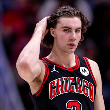 Oct 23, 2024; New Orleans, Louisiana, USA;  Chicago Bulls guard Josh Giddey (3) looks on against the New Orleans Pelicans during the first half at Smoothie King Center. Mandatory Credit: Stephen Lew-Imagn Images