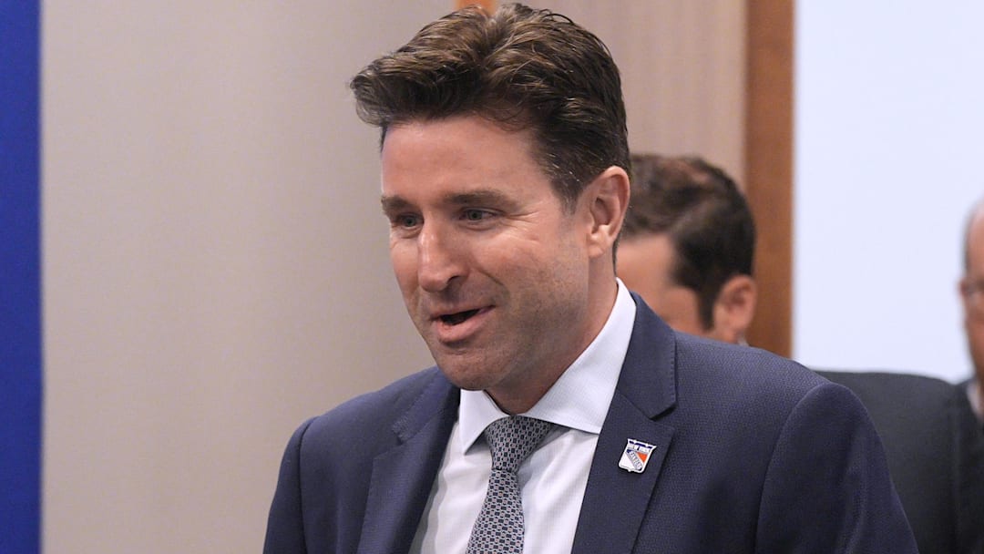 May 8, 2025; Tarrytown, NY, USA;  New York Rangers president and general manager Chris Drury during a press conference to introduce new head coach Mike Sullivan at the MSG Training Center in Tarrytown, New York May 8, 2025. Mandatory Credit: Peter Carr/USA TODAY NETWORK via Imagn Images