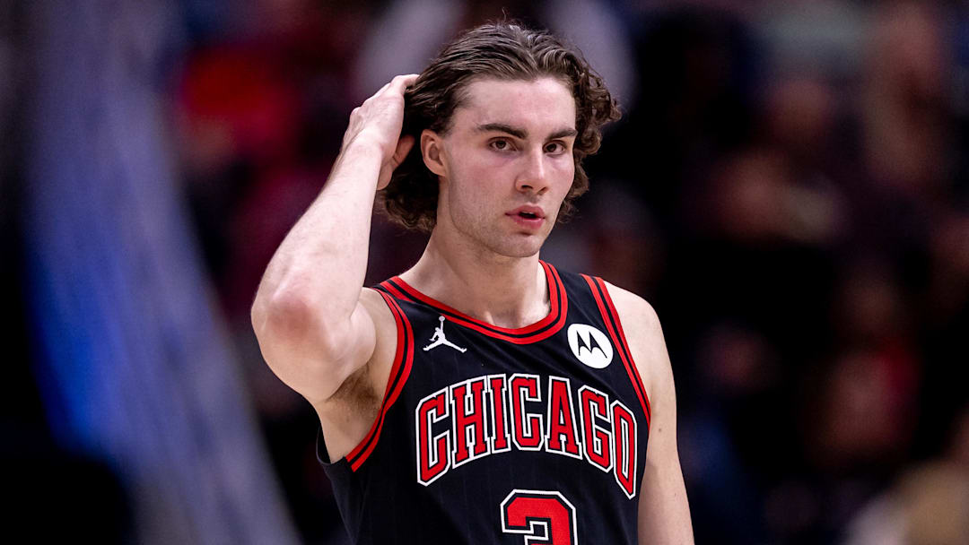 Oct 23, 2024; New Orleans, Louisiana, USA;  Chicago Bulls guard Josh Giddey (3) looks on against the New Orleans Pelicans during the first half at Smoothie King Center. Mandatory Credit: Stephen Lew-Imagn Images