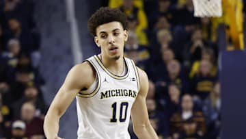Mar 5, 2025; Ann Arbor, Michigan, USA;  Michigan Wolverines guard Justin Pippen (10) dribbles in the first half against the Maryland Terrapins at Crisler Center. Mandatory Credit: Rick Osentoski-Imagn Images