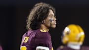 Nov 28, 2025; Tempe, Arizona, USA; Arizona State Sun Devils wide receiver Jordyn Tyson (0) reacts against the Arizona Wildcats in the second half during the 99th Territorial Cup at Mountain America Stadium. Mandatory Credit: Mark J. Rebilas-Imagn Images