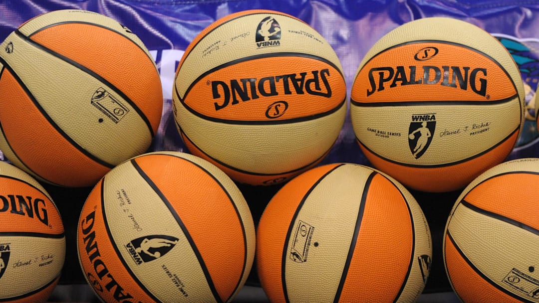 May 22, 2012; Los Angeles, CA, USA; General view of WNBA basketballs on the bench before the game between the Seattle Storm and the Los Angeles Sparks at the Staples Center. Mandatory Credit: Kirby Lee/Image of Sport-Imagn Images