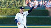 Detroit Tigers legend Kirk Gibson throws ceremonial first pitch before Game 4 of ALDS between Detroit Tigers and Cleveland Guardians at Comerica Park in Detroit on Thursday, Oct. 10, 2024.