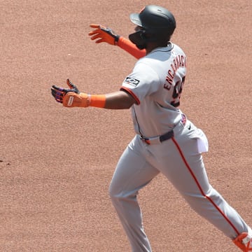 Aug 6, 2025; Pittsburgh, Pennsylvania, USA;  San Francisco Giants right fielder Jerar Encarnacion  (59) circles the bases on a solo home run against the Pittsburgh Pirates during the fifth inning at PNC Park. 