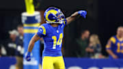 Jan 13, 2025; Glendale, AZ, USA; Los Angeles Rams cornerback Cobie Durant (14) reacts after a play against the Minnesota Vikings during the first half in an NFC wild card game at State Farm Stadium. Mandatory Credit: Mark J. Rebilas-Imagn Images