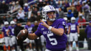 Furman (8-1, 6-0 SoCon) took on VMI (4-5, 3-3 SoCon) in college football on Saturday, Nov. 11, 2023 at Paladin Stadium in Greenville, S.C. Furman won the game 37-3 and the SoCon championship. Furman's Carson Jones (5) on a passing play.