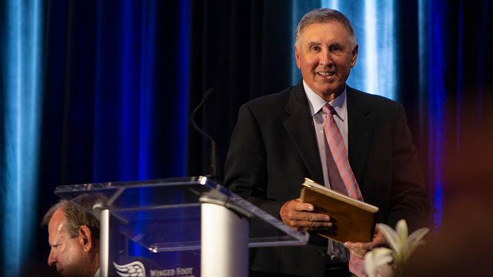 Gary Danielson gives the keynote speech during the Winged Foot Scholarship Awards Banquet, Thursday, May 26, 2022, at Naples Grande Beach Resort in Naples, Fla.