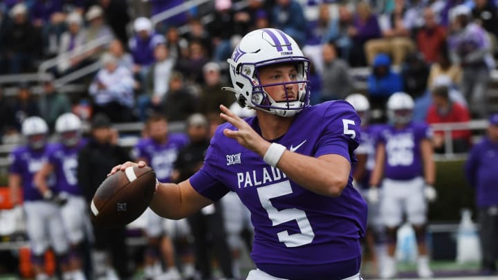 Furman (8-1, 6-0 SoCon) took on VMI (4-5, 3-3 SoCon) in college football on Saturday, Nov. 11, 2023 at Paladin Stadium in Greenville, S.C. Furman won the game 37-3 and the SoCon championship. Furman's Carson Jones (5) on a passing play.