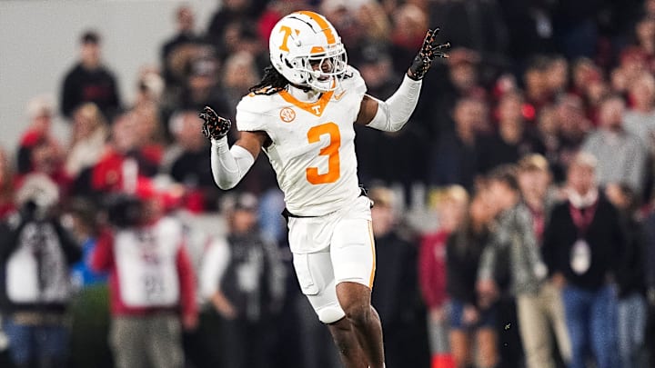 Tennessee defensive back Jermod McCoy (3) celebrates after making a play during a college football game between Tennessee and Georgia at Sanford Stadium in Athens, Ga., on Saturday, November 16, 2024. Tennessee defensive back Jermod McCoy (3) celebrates after making a play during a college football game between Tennessee and Georgia at Sanford Stadium in Athens, Ga., on Saturday, November 16, 2024.