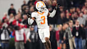 Tennessee CB Jermod McCoy celebrates after making a play during a college football game between Tennessee and Georgia.