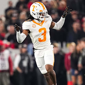 Tennessee CB Jermod McCoy celebrates after making a play during a college football game between Tennessee and Georgia.