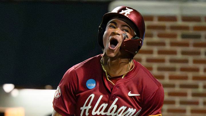 May 30, 2026; Tuscaloosa, AL, USA; Alabama batter Justin Lebron (1) celebrates his solo homer in the Tuscaloosa NCAA Regional winner’s bracket game between Alabama and USC Upstate in Sewell-Thomas Stadium.