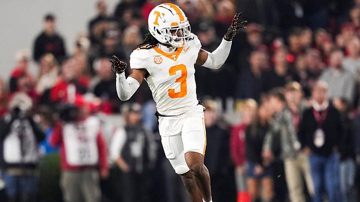Tennessee CB Jermod McCoy celebrates after making a play during a college football game between Tennessee and Georgia.
