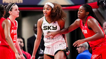 Chicago Sky forward Angel Reese (5) reacts to a flagrant foul from Indiana Fever guard Caitlin Clark (22) on Saturday, May 17, 2025, during a game between the Indiana Fever and the Chicago Sky at Gainbridge Fieldhouse in Indianapolis. The Indiana Fever defeated the Chicago Sky, 93-58.