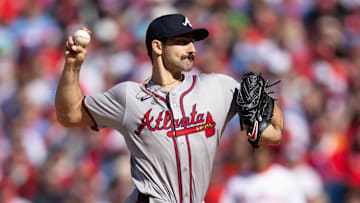Mar 29, 2024; Philadelphia, Pennsylvania, USA; Atlanta Braves starting pitcher Spencer Strider (99) throws a pitch during the second inning against the Philadelphia Phillies on opening day at Citizens Bank Park. Mandatory Credit: Bill Streicher-Imagn Images