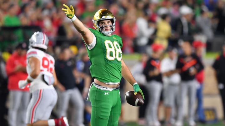 Sep 23, 2023; South Bend, Indiana, USA; Notre Dame Fighting Irish tight end Mitchell Evans (88) celebrates a catch for a first down in the fourth quarter against the Ohio State Buckeyes at Notre Dame Stadium.