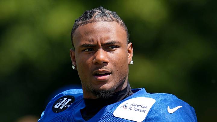Indianapolis Colts wide receiver Adonai Mitchell walks onto the field