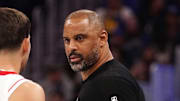 Nov 26, 2025; San Francisco, California, USA;  Houston Rockets head coach Ime Udoka talks with Houston Rockets guard Reed Sheppard (15) during a game against the Golden State Warriors in the third quarter at Chase Center. Mandatory Credit: David Gonzales-Imagn Images