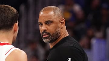 Nov 26, 2025; San Francisco, California, USA;  Houston Rockets head coach Ime Udoka talks with Houston Rockets guard Reed Sheppard (15) during a game against the Golden State Warriors in the third quarter at Chase Center. Mandatory Credit: David Gonzales-Imagn Images