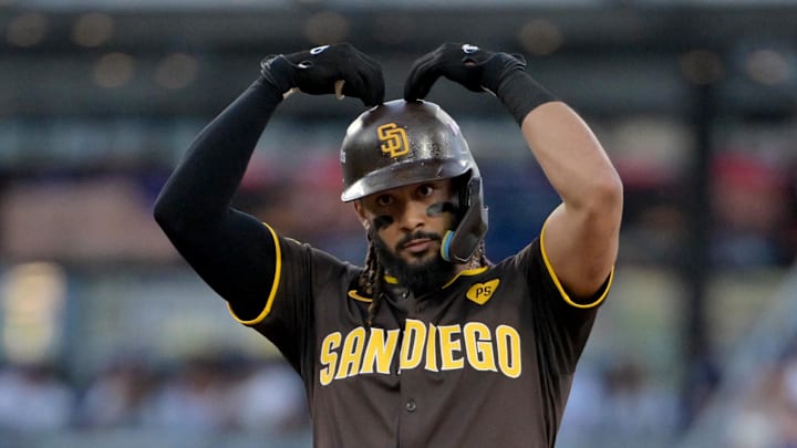 San Diego Padres right fielder Fernando Tatis Jr. celebrates hitting a double.