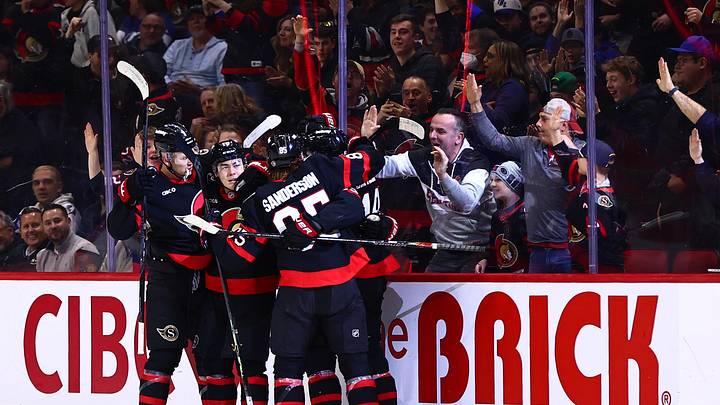 Apr 7, 2026; Ottawa, Ontario, CAN;  The Ottawa Senators celebrate defenseman Jordan Spence (10) goal against the Tampa Bay Lightning during the second period at Canadian Tire Centre. Mandatory Credit: Keito Newman-Imagn Images

