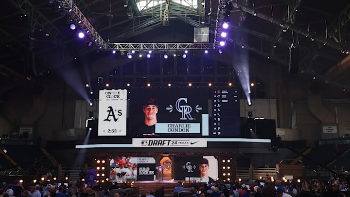 vc Jul 14, 2024; Ft. Worth, TX, USA;  MLB Commissioner Rob Manfred announces Charlie Condon as the third pick during the first round of the MLB Draft at Cowtown Coliseum. 