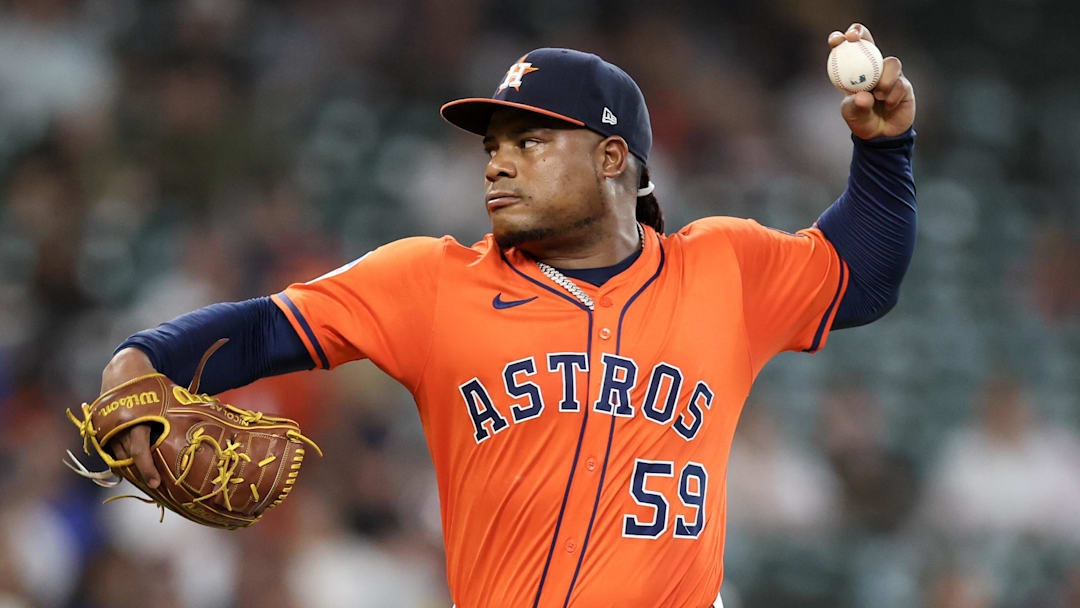May 13, 2025; Houston, Texas, USA; Houston Astros starting pitcher Framber Valdez (59) pitches against the Kansas City Royals in the first inning at Daikin Park. May 13, 2025; Houston, Texas, USA; Houston Astros starting pitcher Framber Valdez (59) pitches against the Kansas City Royals in the first inning at Daikin Park.