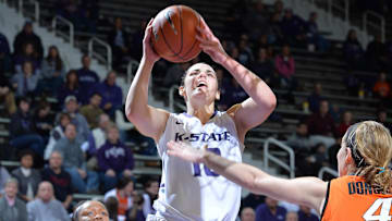 Jan 8, 2014; Manhattan, KS, USA; Kansas State Wildcats guard Leticia Romero (10) drives to the basket past Oklahoma State Cowgirls guard Roshunda Johnson (00) during the second half at Fred Bramlage Coliseum. Oklahoma State won 58-51. Mandatory Credit: Peter G. Aiken-USA TODAY Sports