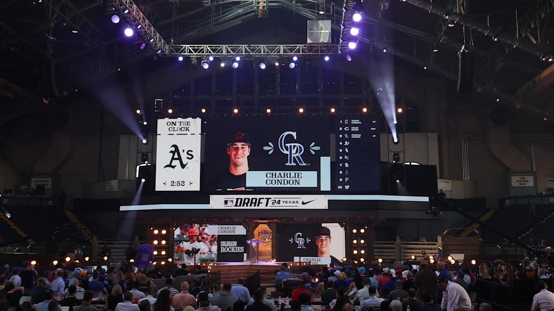 vc Jul 14, 2024; Ft. Worth, TX, USA;  MLB Commissioner Rob Manfred announces Charlie Condon as the third pick during the first round of the MLB Draft at Cowtown Coliseum