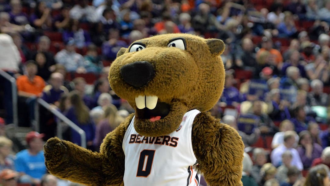 Mar 5, 2016; Seattle , WA, USA; Oregon State Beavers mascot Benny during a womens semifinal against the Washington Huskies in the Pac-12 Conference tournament at KeyArena. Oregon State defeated Washington 57-55. Mandatory Credit: Kirby Lee-Imagn Images