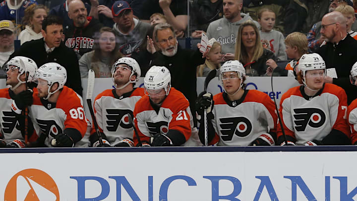 Apr 6, 2024; Columbus, Ohio, USA; Philadelphia Flyers head coach John Tortorella directs players from the bench during the first period against the Columbus Blue Jackets at Nationwide Arena. Mandatory Credit: Russell LaBounty-Imagn Images