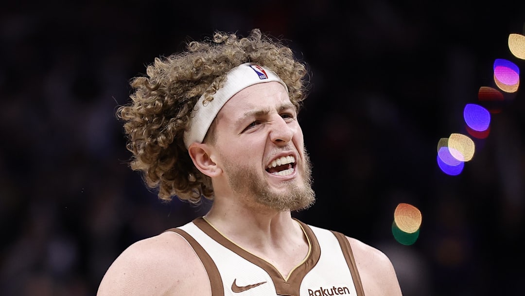 Feb 9, 2026; San Francisco, California, USA; Golden State Warriors guard Brandin Podziemski (2) celebrates after a win against the Memphis Grizzlies at Chase Center. Mandatory Credit: Kelley L Cox-Imagn Images