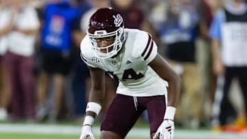 Sep 7, 2024; Tempe, Arizona, USA; Mississippi State Bulldogs cornerback Brice Pollock (14) against the Arizona State Sun Devils at Mountain America Stadium. Mandatory Credit: Mark J. Rebilas-Imagn Images