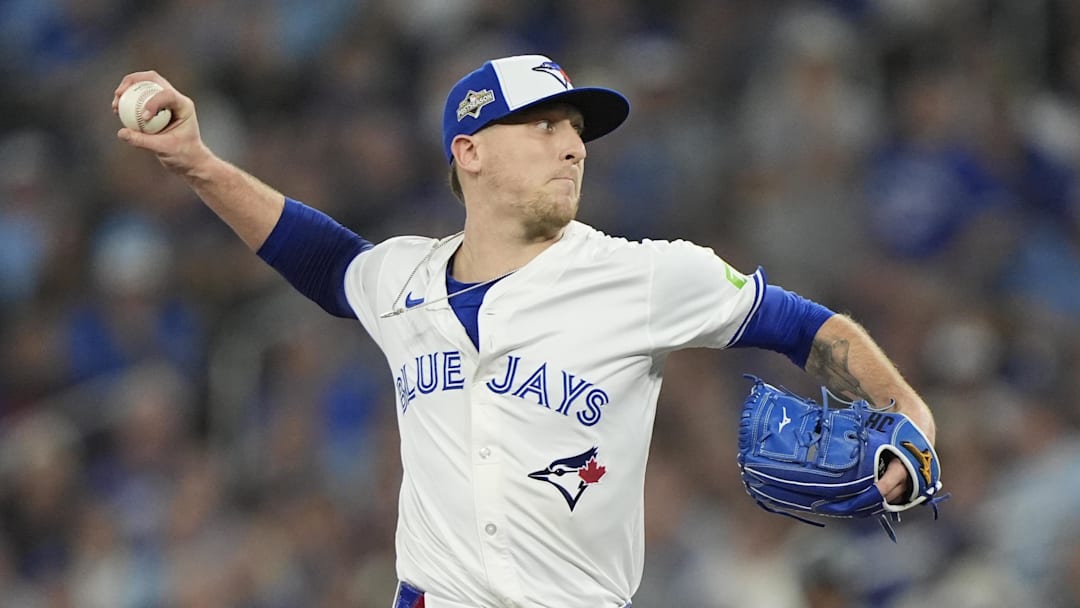 Oct 19, 2025; Toronto, Ontario, CAN; Toronto Blue Jays pitcher Jeff Hoffman (23) pitches against the Seattle Mariners in the eighth inning during game six of the ALCS round for the 2025 MLB playoffs at Rogers Centre. Mandatory Credit: John E. Sokolowski-Imagn Images