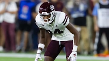 Sep 7, 2024; Tempe, Arizona, USA; Mississippi State Bulldogs cornerback Brice Pollock (14) against the Arizona State Sun Devils at Mountain America Stadium. Mandatory Credit: Mark J. Rebilas-Imagn Images