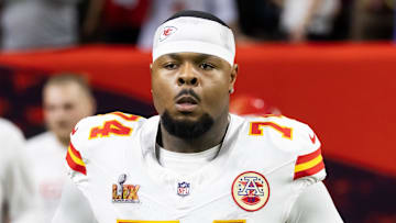 Feb 9, 2025; New Orleans, LA, USA;  Kansas City Chiefs offensive tackle Jawaan Taylor (74) against the Philadelphia Eagles in Super Bowl LIX at Ceasars Superdome. Mandatory Credit: Mark J. Rebilas-Imagn Images