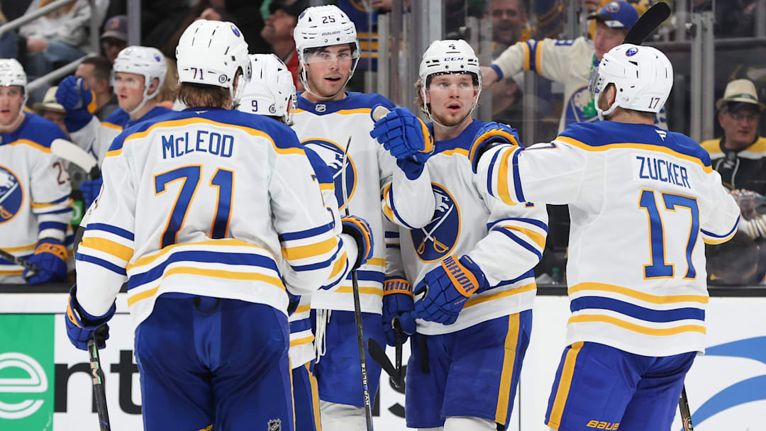 Buffalo Sabres players including defenseman Owen Power