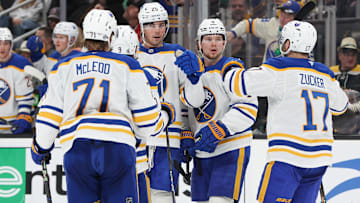 Buffalo Sabres players including defenseman Owen Power