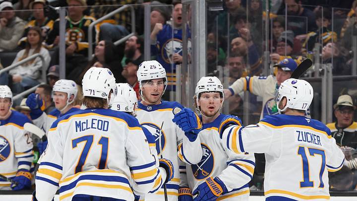 Buffalo Sabres players including defenseman Owen Power
