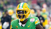Oregon Ducks linebacker Jeffrey Bassa against the Liberty Flames during the 2024 Fiesta Bowl.