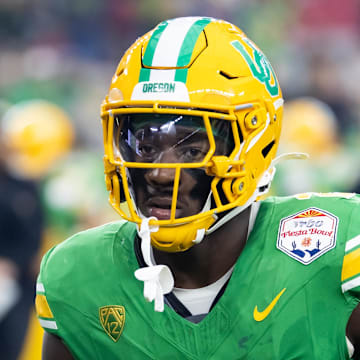 Jan 1, 2024; Glendale, AZ, USA; Oregon Ducks linebacker Jeffrey Bassa (2) against the Liberty Flames during the 2024 Fiesta Bowl at State Farm Stadium. Mandatory Credit: Mark J. Rebilas-Imagn Images