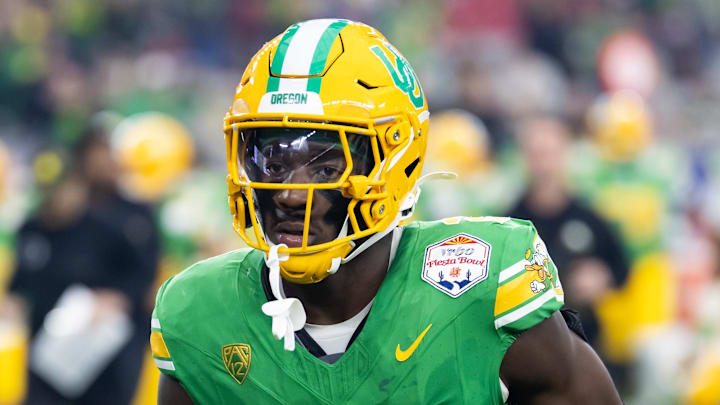 Jan 1, 2024; Glendale, AZ, USA; Oregon Ducks linebacker Jeffrey Bassa (2) against the Liberty Flames during the 2024 Fiesta Bowl at State Farm Stadium. Mandatory Credit: Mark J. Rebilas-Imagn Images