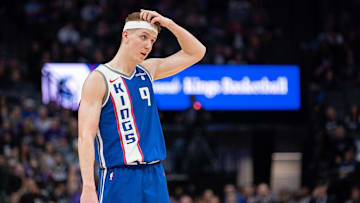 Jan 18, 2024; Sacramento, California, USA; Sacramento Kings guard Kevin Huerter (9) looks on during the fourth quarter at Golden 1 Center. Mandatory Credit: Ed Szczepanski-Imagn Images